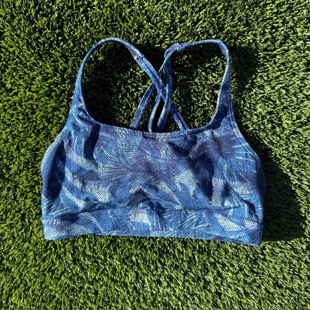 TYR Women's Blue Palm Leaf Print Sports Bra Criss Cross‎ Back Size Medium